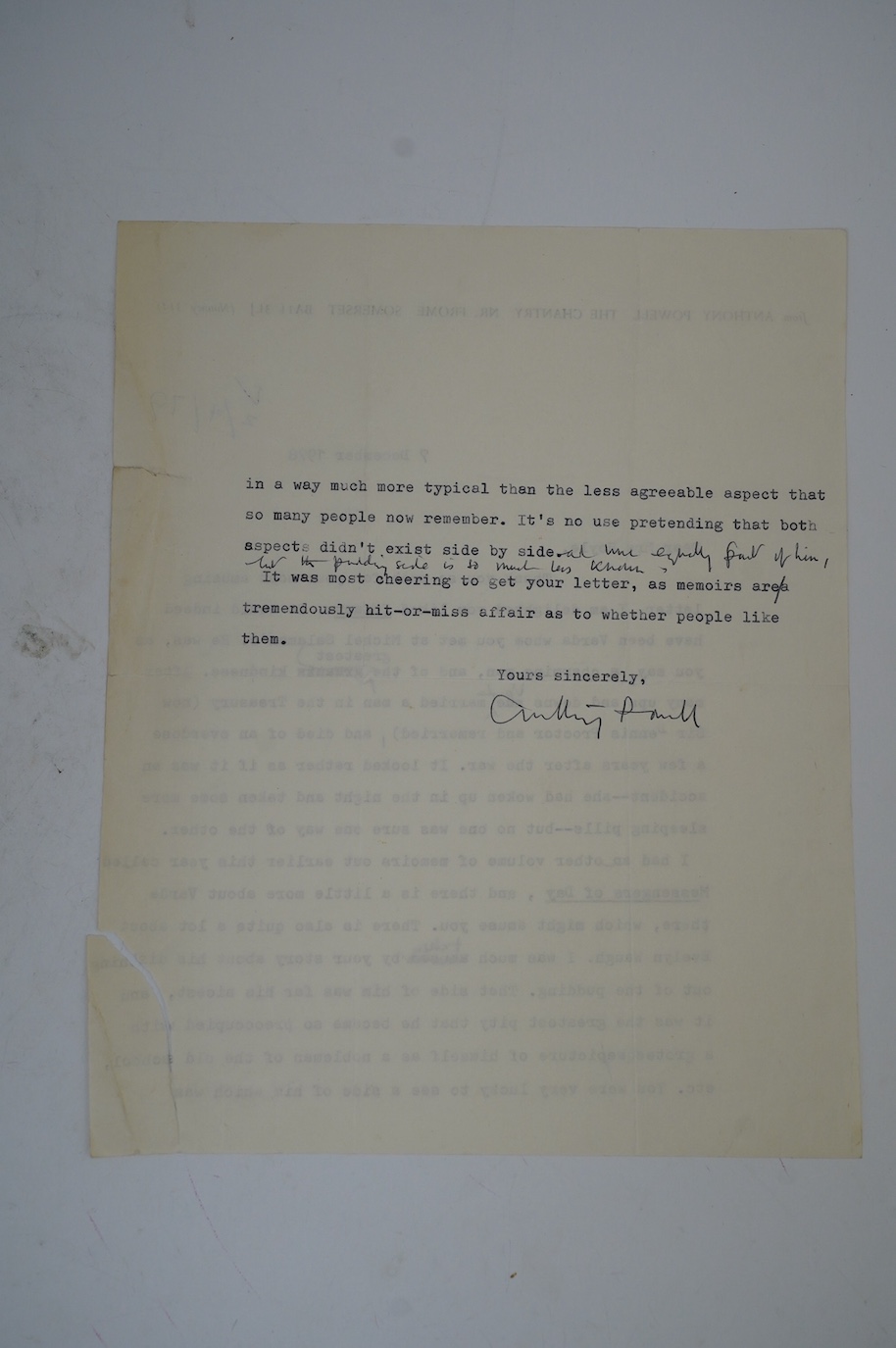 Anthony Powell (1905-2000). Typed letter with handwritten amendments and full signature, to a Mrs Hoyle, 7 December 1978. Discusses Infants of the Spring (1976), Messengers of Day (1978)